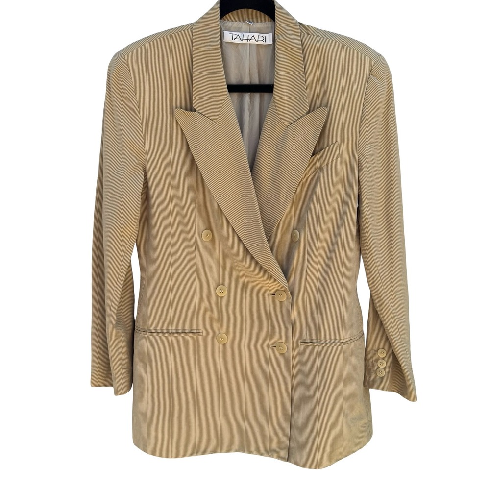 Tahari Vintage 90s Pinstripe Linen Silk Old Money Preppy Double Breasted Blazer